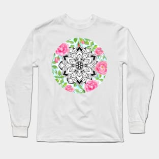 Pink Roses and Mandalas on Sky Blue Lace Long Sleeve T-Shirt